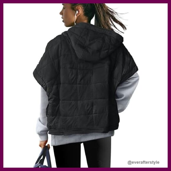 Cropped Puffer Vest Quilted Jacket Oversized Poncho Stand Collar Full Zip - Picture 4 of 5